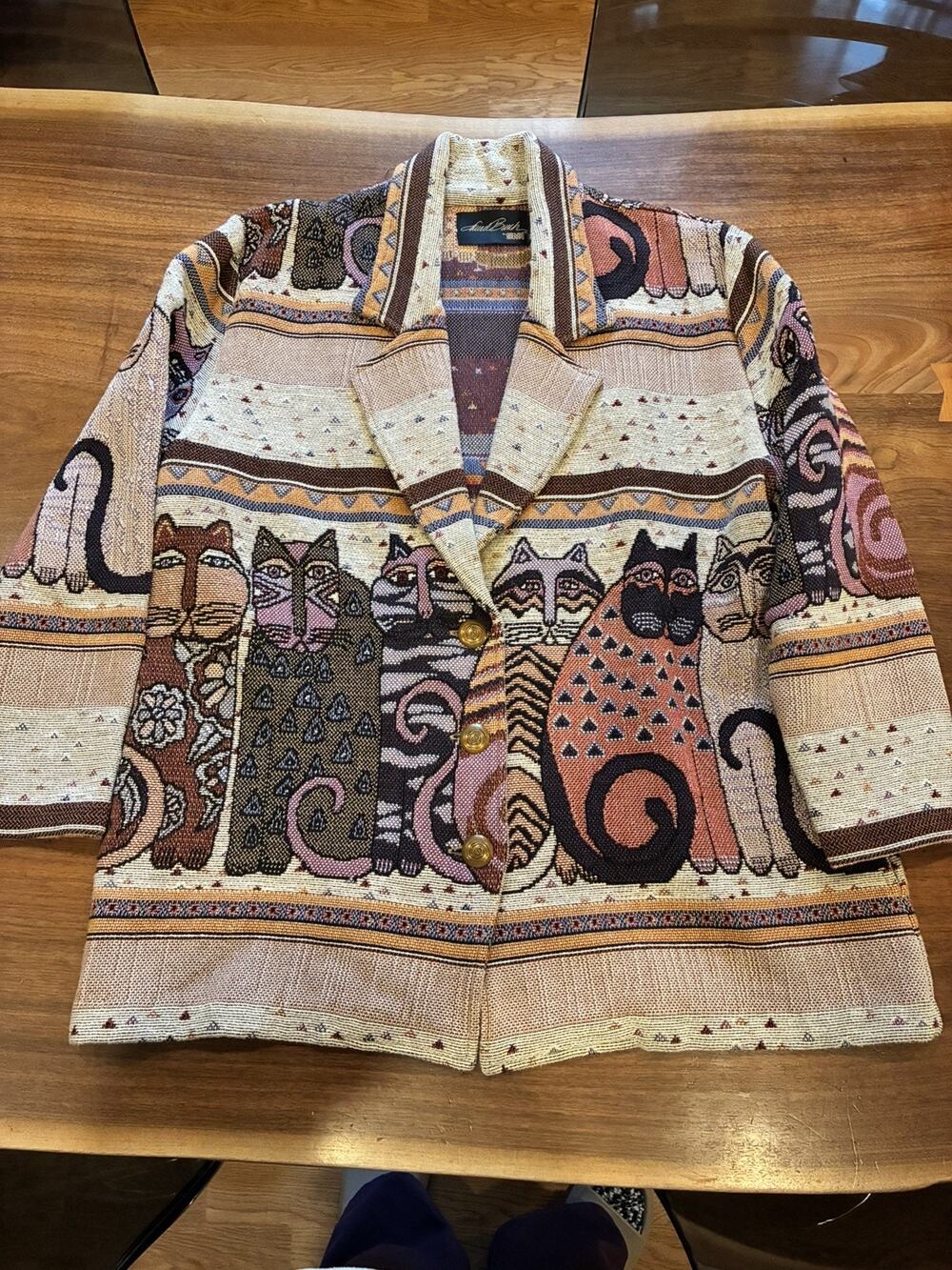 RARE Vintage Laurel Burch Cats Tapestry Blazer Jacket Cardigan Size XL